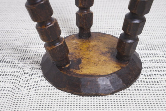 Image 1 of Vintage Bobbin Turned Wooden Stool Plant Stand Brutalist Rustic Tripod Stool Farmhouse Wabi Sabi Decor