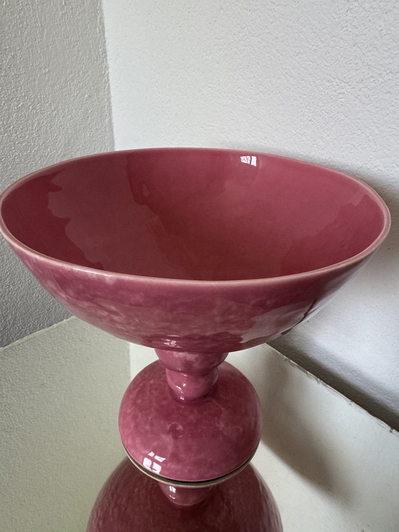 Image 1 of Grande coupe sur pied faïence Digoin rose
