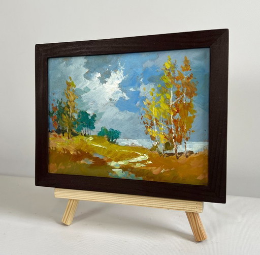 Original Oil Painting Autumn Nature Landscape Autumn trail with fallen leaves