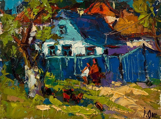Originales Ölgemälde: Ländliche Sommerlandschaft in der Nähe des Dorfhofs – Gemälde & Zeichnungen, Canvas (photo 3 of 8)