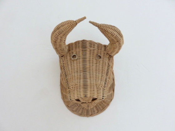 Image 1 of Testa di toro, minotauro, in rattan, decorazione murale vintage, Francia sud-orientale, 1970