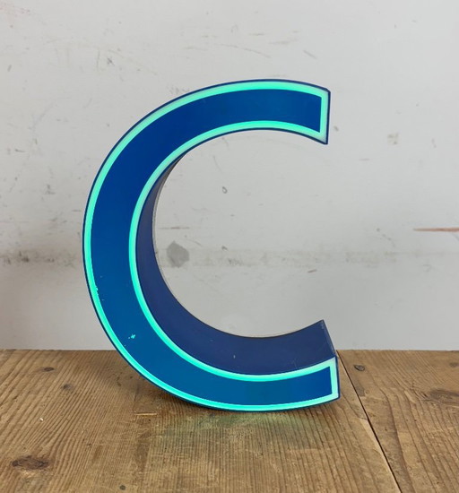 Vintage Blue Plastic Illuminated Letter C , 1970s