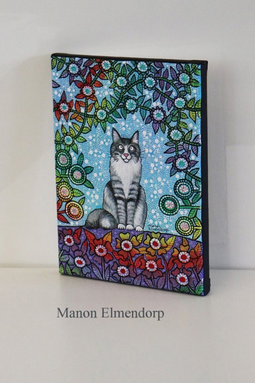 Unique Hand Painted Painting Cat and Flowers 18x24 cm