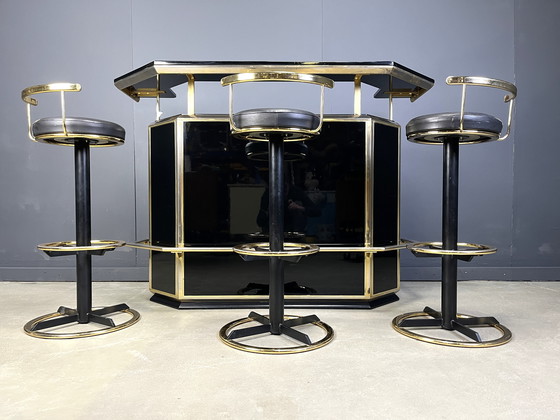 Image 1 of Hollywood Regency Bar with Three Stools, 1970s
