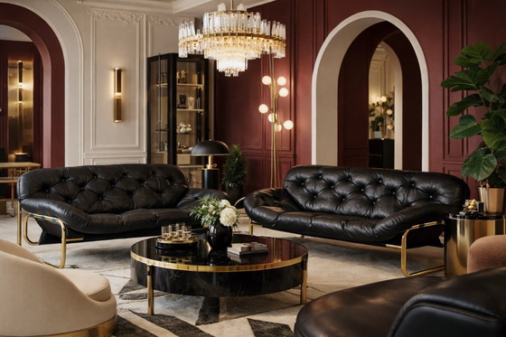 Image 1 of Vintage Mid-Century Scandinavian Modern Glamour Leather Black & Gold Sofa by John-Bertil Häggström for Swed-Form, 1970s