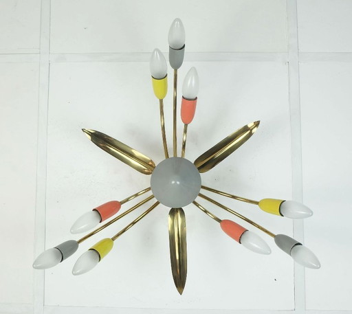 beautiful 1950s mid century sputnik spider 9-light ceiling light chandelier brass metal mid century stilnovo