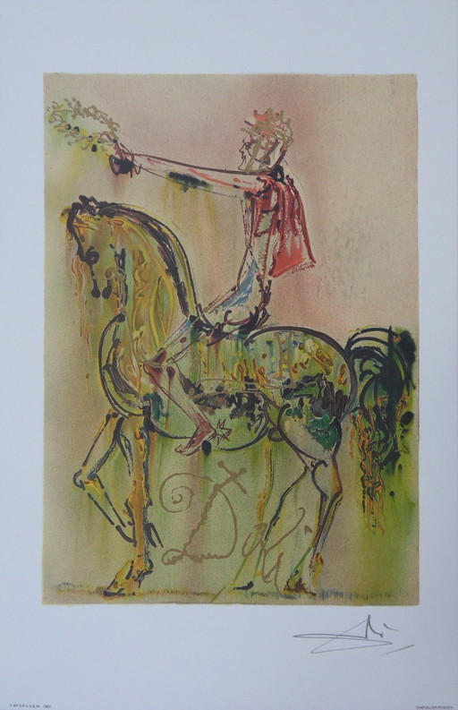Salvador Dali: The Horses, The Roman Knight, Signed Lithograph – lithos zeefdrukken, Paper