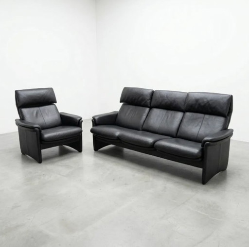 Ensemble Erpo Chalet en cuir – Canapé 3 places et fauteuil | Cuir véritable noir | Style classique design