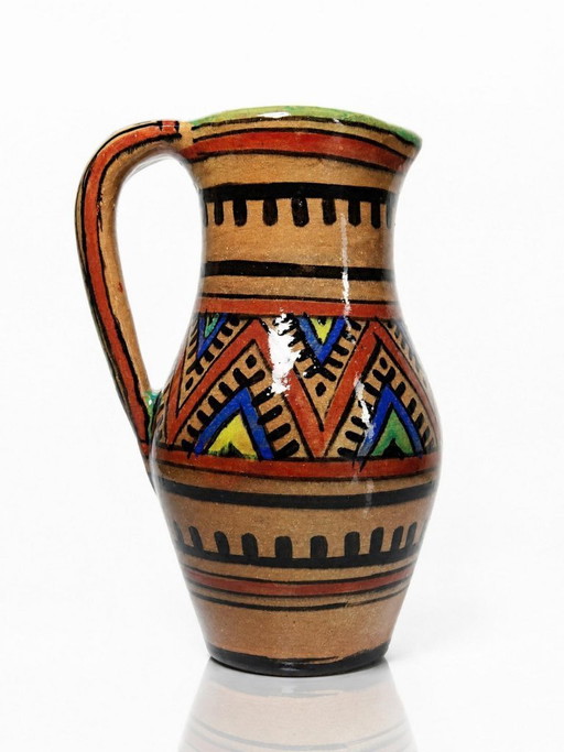 Small Moroccan glazed terracotta pitcher, signed, Berber decoration, 20th century