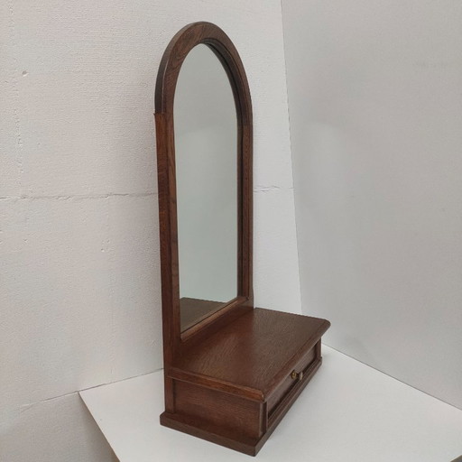 Specchio da parete vintage in legno di quercia con cassetto