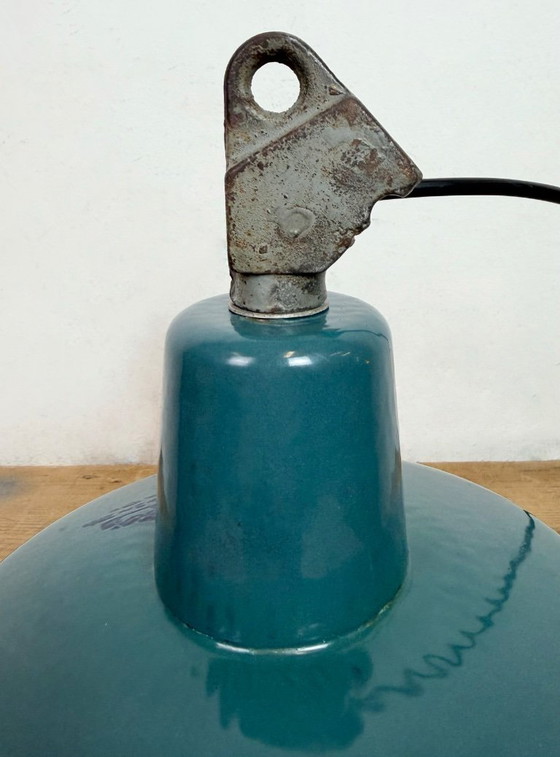 Image 1 of Industrial Petrol Enamel Factory Lamp with Cast Iron Top, 1960s