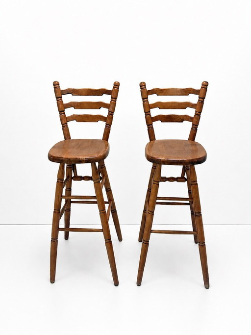 Set vintage houten barkrukken jaren 70 – farmhouse / brutalist stijl