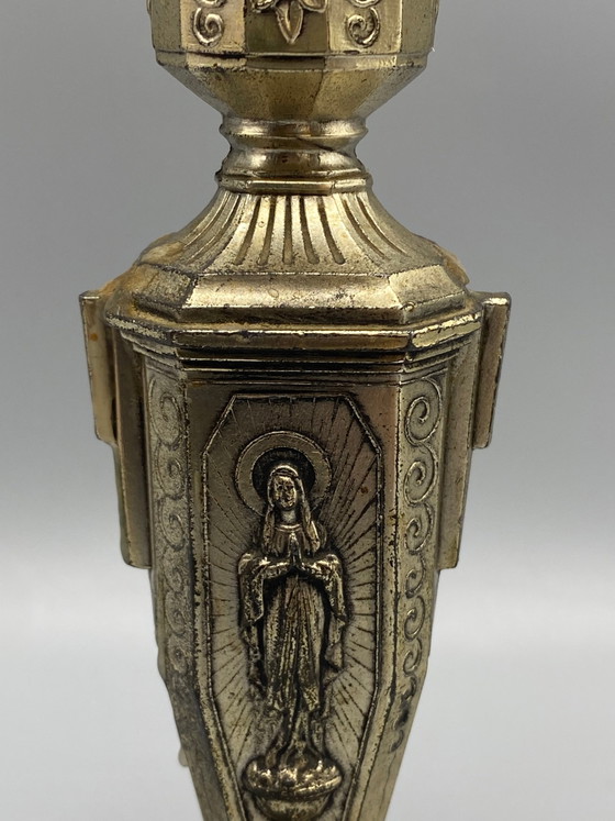 Antieke verzilverde kaarsenhouder met afbeelding van de Wonderbaarlijke Maagd Maria – Religieuze kunst (photo 4 of 7)