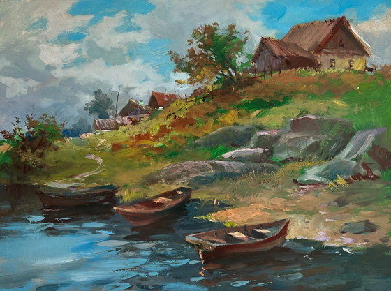 Image 1 of Original Oil Painting Summer Coastal Landscape The river carries village dreams