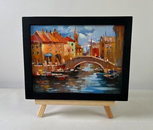 Original Oil Painting Street River Landscape City Central Bridge