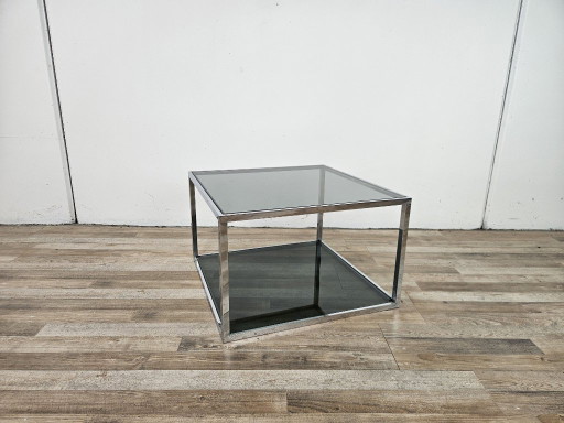 1970s Side Table in Steel with Two Smoked Glass Shelves