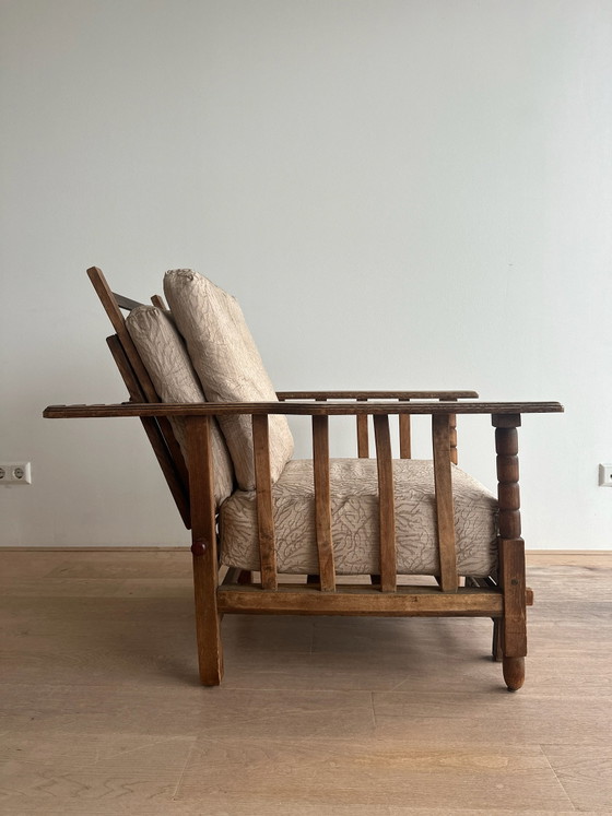 Vintage wooden adjustable recliner chair / lounge chair, good condition, Textile, Beige (photo 4 of 5)
