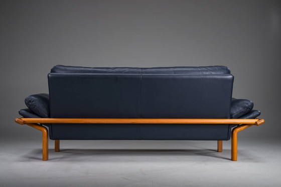 Image 1 of  Danish Teak and Navy Blue Leather 3-Seater Sofa from Komfort, 1970s