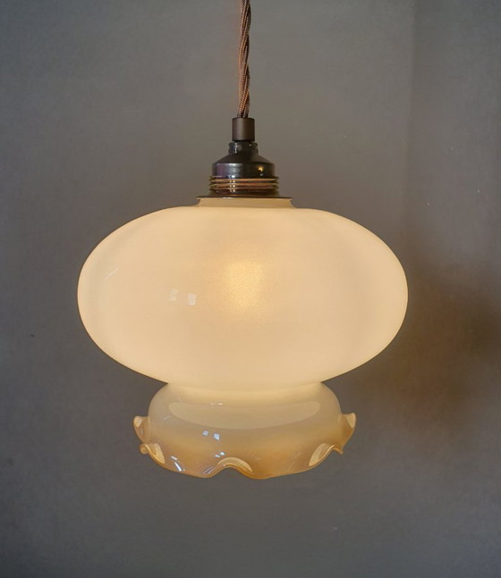 Vintage Glazen Hanglamp - Decoratie Rand - Parelmoer Effect. – Hanglampen, Metal (photo 3 of 13)