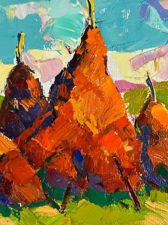 Image 1 of Original Oil Painting Nature Landscape Haystacks in a Field