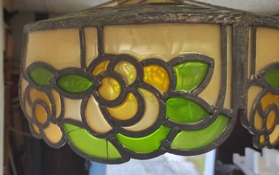 Image 1 of Hanglamp van glas en lood in Tiffany-stijl - midden 20e eeuw