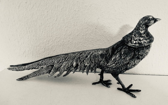 Image 1 of Magnifique paire de faisans en bronze argenté. Vintage - années 1950.