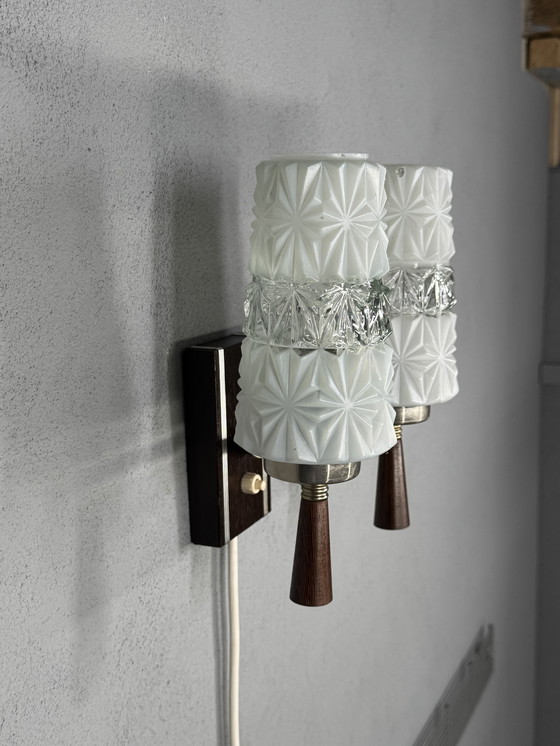 Image 1 of Vintage Wall Lamp 1950s-60s - Glass & Wood Design Classic
