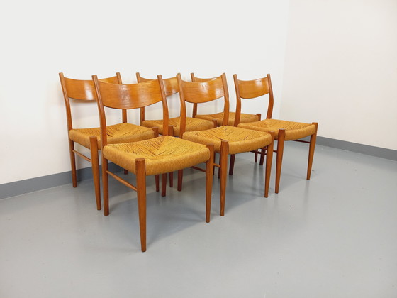 Image 1 of Suite de 6 chaises vintage italiennes en teck et corde danoise Gessef Consorzio Sedie Friuli