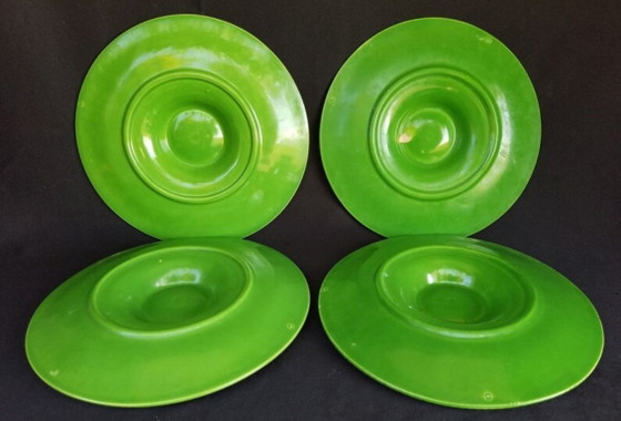 Image 1 of Set of 4 Vintage French Green Oyster Plates | Majolica Style Ceramic Seafood Serving Plates