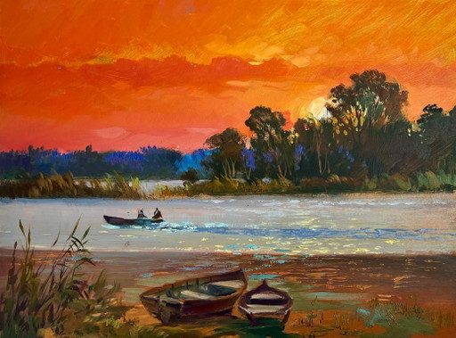 Dipinto ad olio originale, paesaggio fluviale al tramonto, tramonto cremisi ipnotico