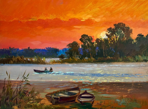 Image 1 of Pintura al óleo original: Paisaje de Sunset River, atardecer carmesí fascinante.