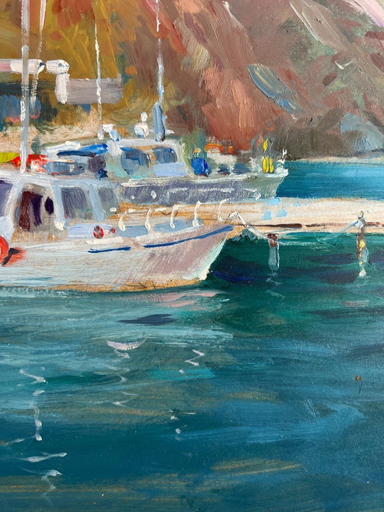 Image 1 of Pintura al óleo original: Paisaje marino y montañoso con barcos en el ferry.