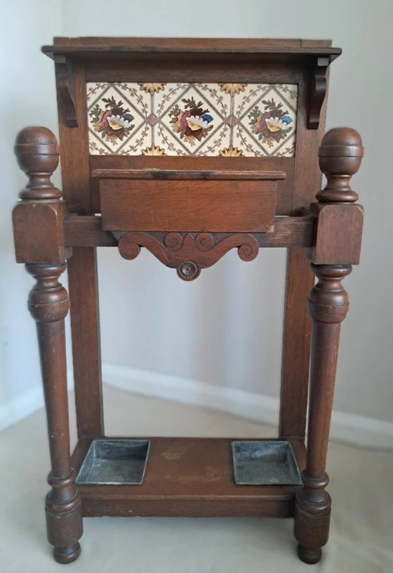 Image 1 of Unique Antique Victorian Oak Hall Stand - Umbrella & Stick Stand with original Floral Tiles