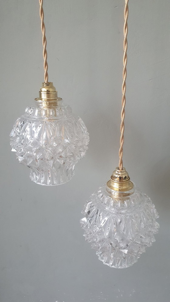 Image 1 of Set van 2 Vintage getextureerde bollampen - hanglampen - midcentury design. 