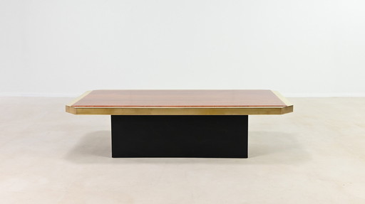 Red Travertine and Brass Coffee Table, Belgium C.1970