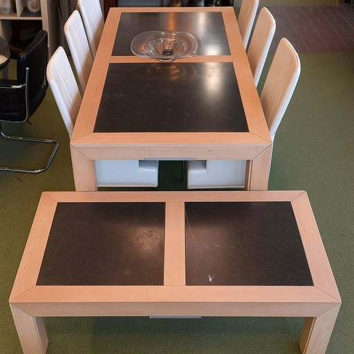 Dining Table + Coffee Table Set with Marble Inlay 🪵🖤 | Solid Wood | Luxurious & Timeless Design