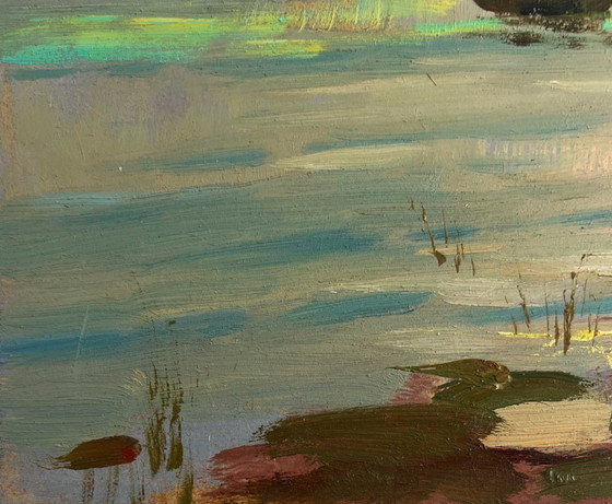 Image 1 of Original Oil Painting Evening Coastal Landscape Orange sunset over the river