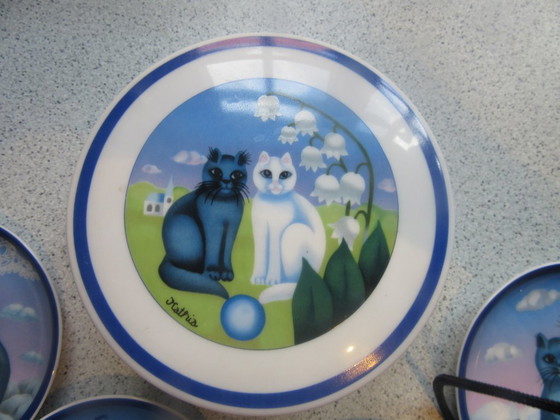 Ensemble de 4 plateaux à bijoux Arzberg Germany avec pot à couvercle, motif chat par Kathia. Vintage (photo 3 of 17)