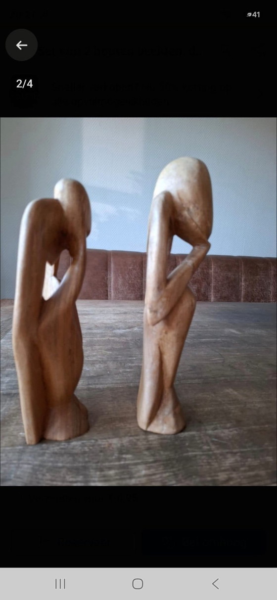 Conjunto de 2 estatuas de madera, figuras pensativas - 24 y 27 cm. – Objetos decorativos, Wood (photo 3 of 5)