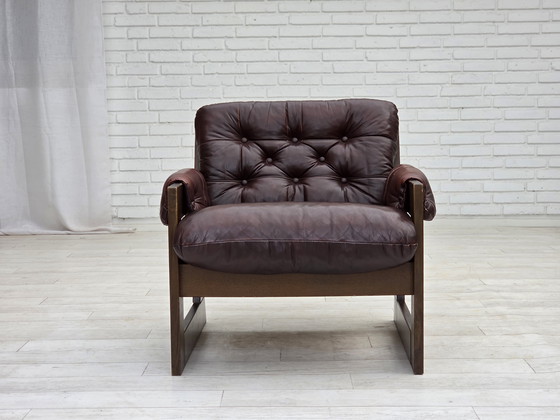 Image 1 of 1970, Scandinavische fauteuil, bruin meubelleer, donker beukenhout.