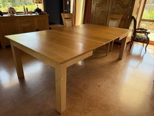 Handcrafted solid oak dining table + 4 chairs + 2 extensions