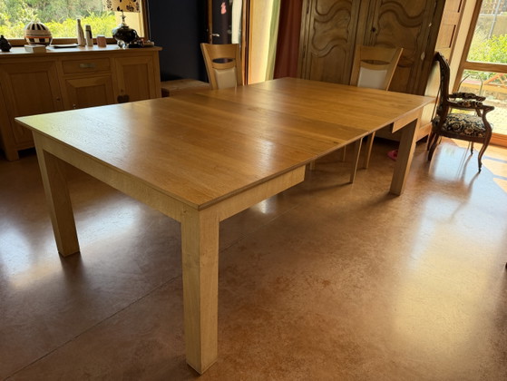 Image 1 of Handcrafted solid oak dining table + 4 chairs + 2 extensions