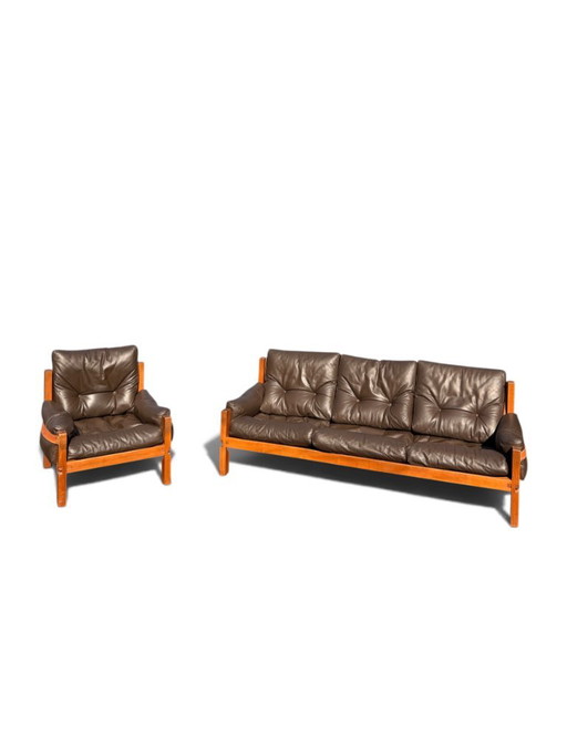 Auténtico conjunto de salón Pierre Chapo: sofá S32 y sillón S15 - Olmo y cuero (años 60) – zithoek, Wood, Leather