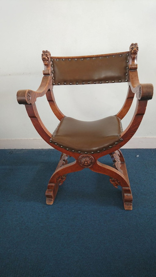 Sedia antica Dagobert, in stile Savonarola, con rivestimento in pelle. – stoelen fauteuils, Leather, Wood