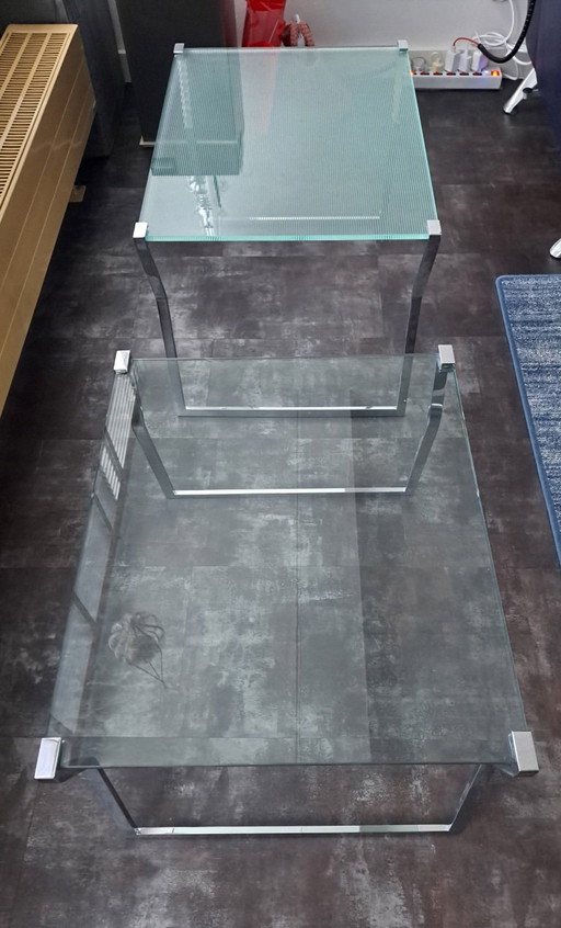 Riga Glas-Couchtisch, 2-teilig, Kufengestell in Chrom