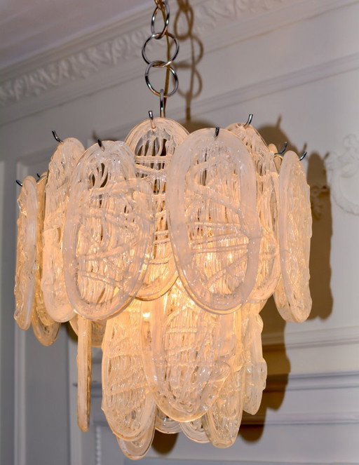 Lustre vintage en verre de Murano, suspension Mazzega Leaf, luminaire chromé style années 50