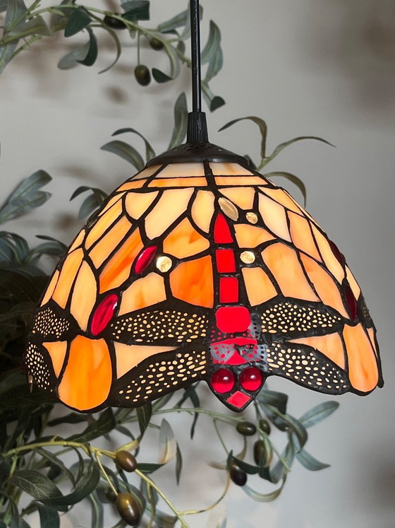 Image 1 of Stained glass pendant lamp with dragonflies beige with red