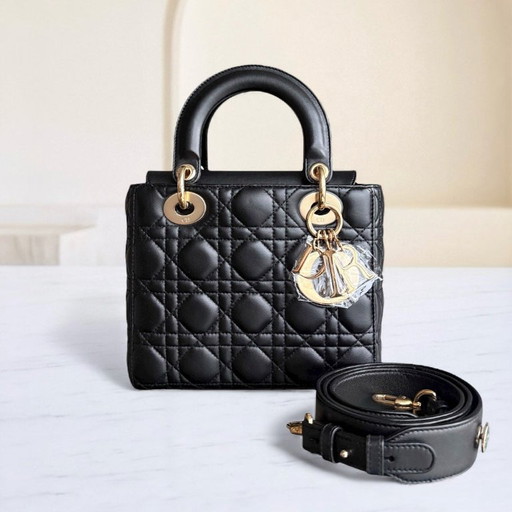 DIOR LADY SMALL - CANNAGE LAMMLEDER SCHWARZ GOLDENE BESCHLÄGE