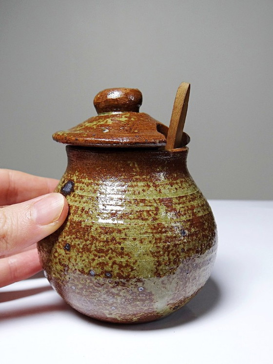 Image 1 of Service à condiments vintage grès pyrité émaillé artisanal style Baudat La Borne