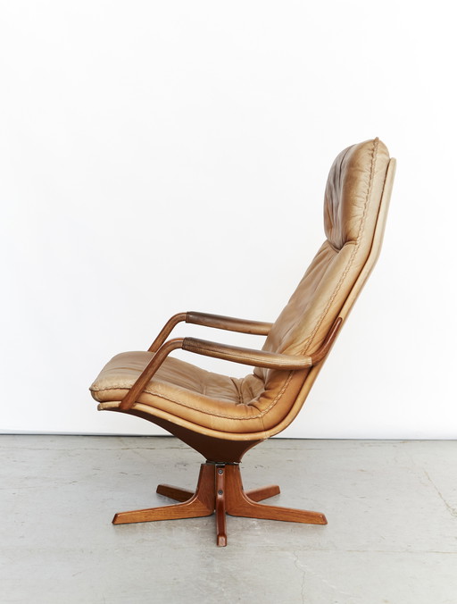 Berg Furniture Teak&Leather drehbarer Highback Lounge Chair